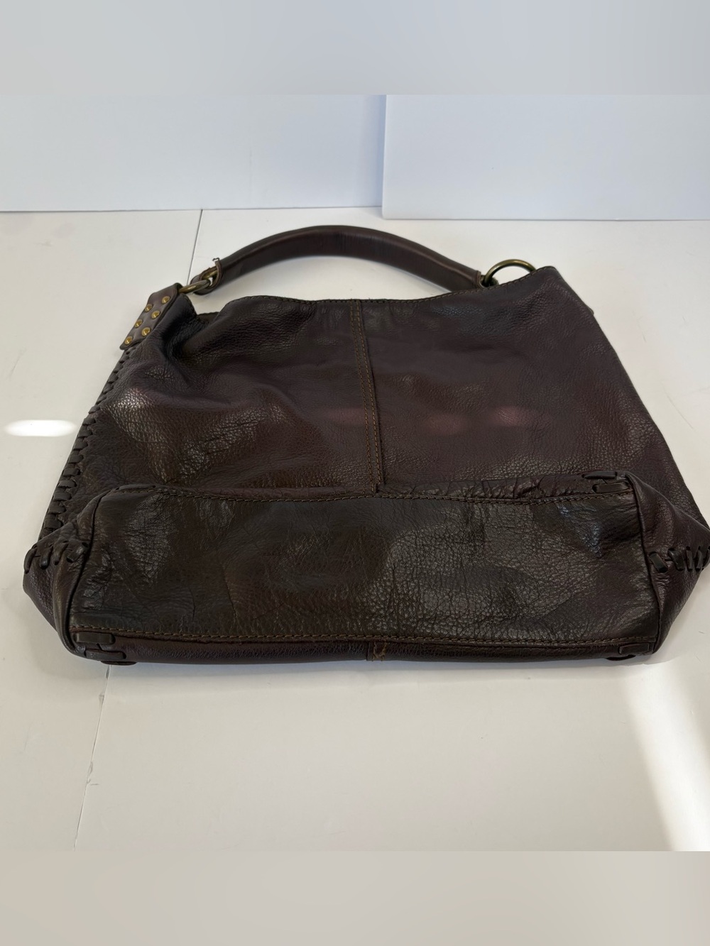 Lucky Brand Leather Whipstitch Slouchy Hobo Bag Rich Oxblood Burgundy Brown Boho - Picture 4 of 9